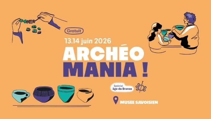 affiche Archéo mania avec des poteries en ligne et des potiers
